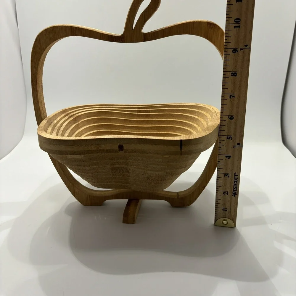 OH! NUTS Apple Shape CollapsibleWooden Basket Fruit Nut Bowl Trivet Centerpiece